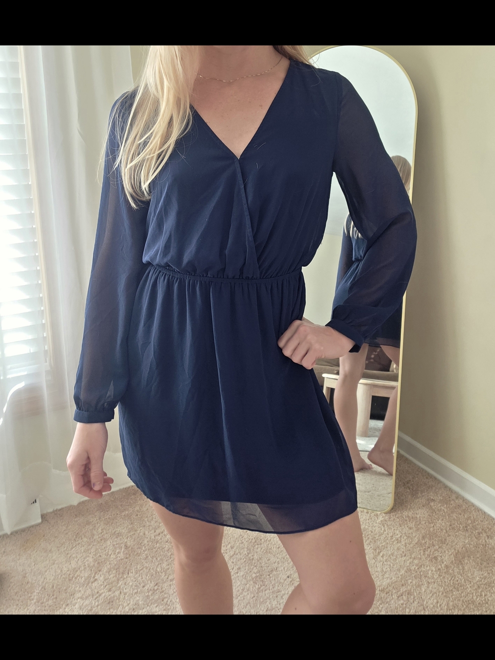 Express Navy Long-Sleeve V-Neck Chiffon Dress